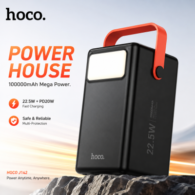 HOCO J142 100,000mAh Power Bank – 22.5W & PD 20W Fast Charging Portable Power Station with Built-in LED Desk Lamp & Multi-Port Outputs
